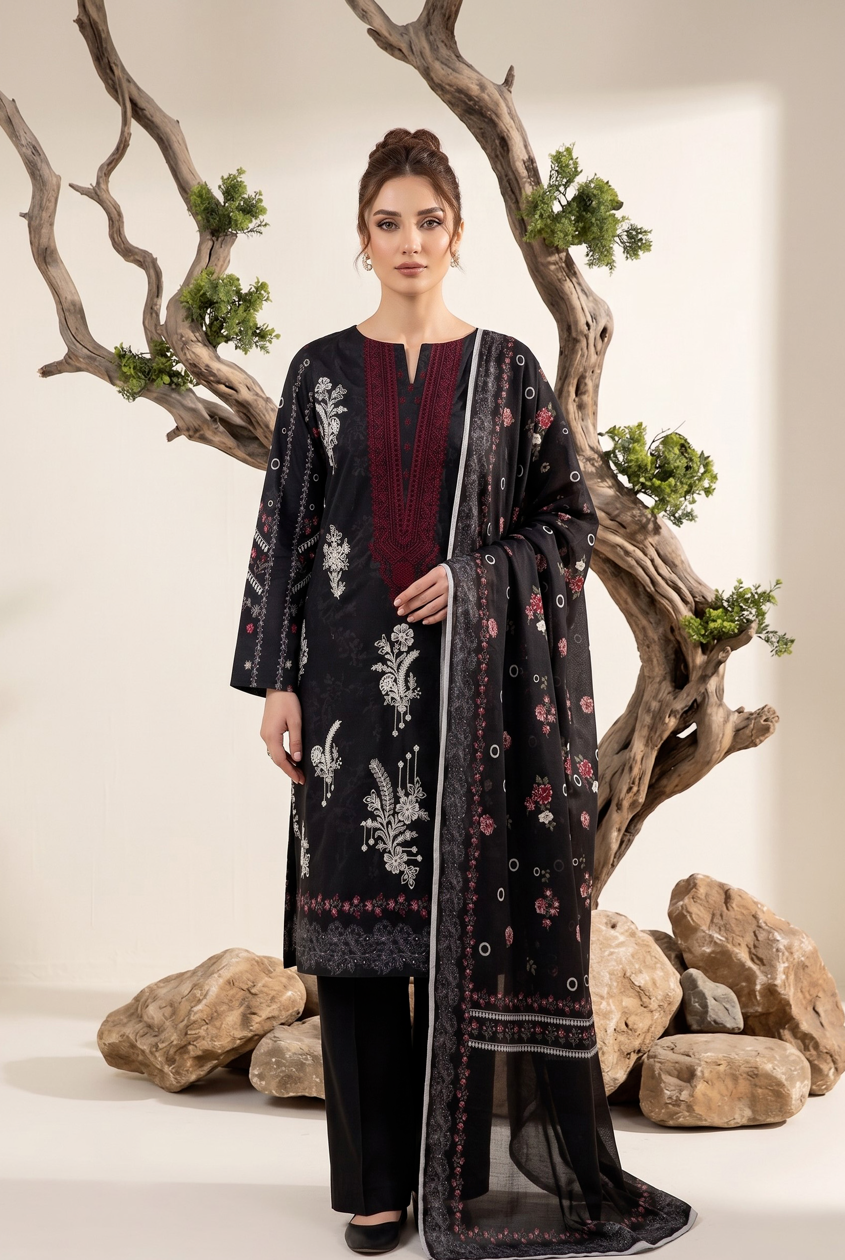 Black Embroidered Chiffon Unstitched Suit with Net Dupatta