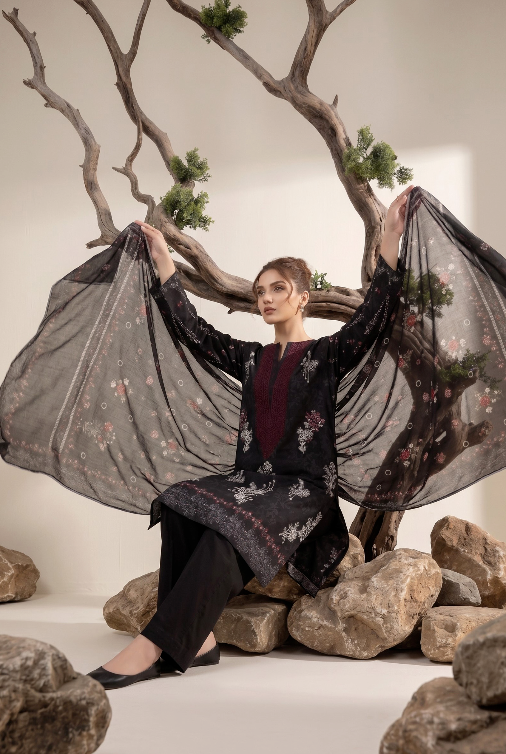 Black Embroidered Chiffon Unstitched Suit with Net Dupatta