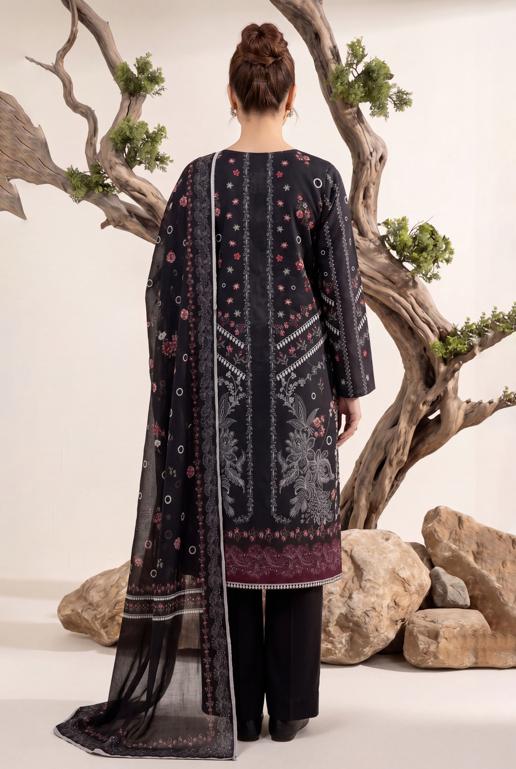 Black Embroidered Chiffon Unstitched Suit with Net Dupatta
