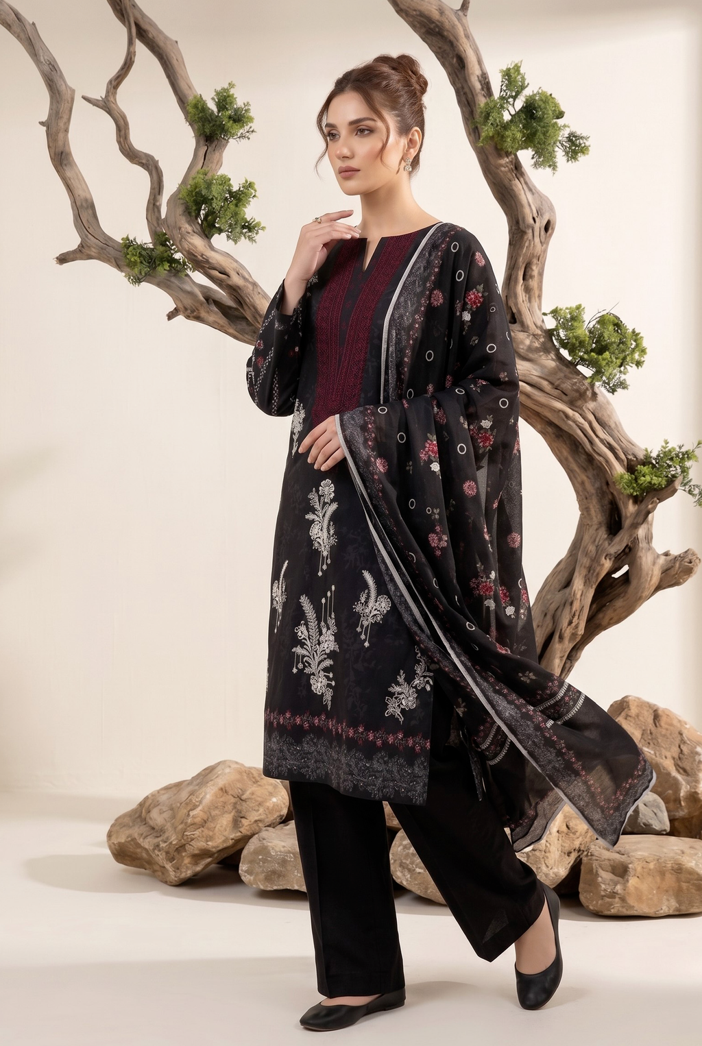 Black Embroidered Chiffon Unstitched Suit with Net Dupatta