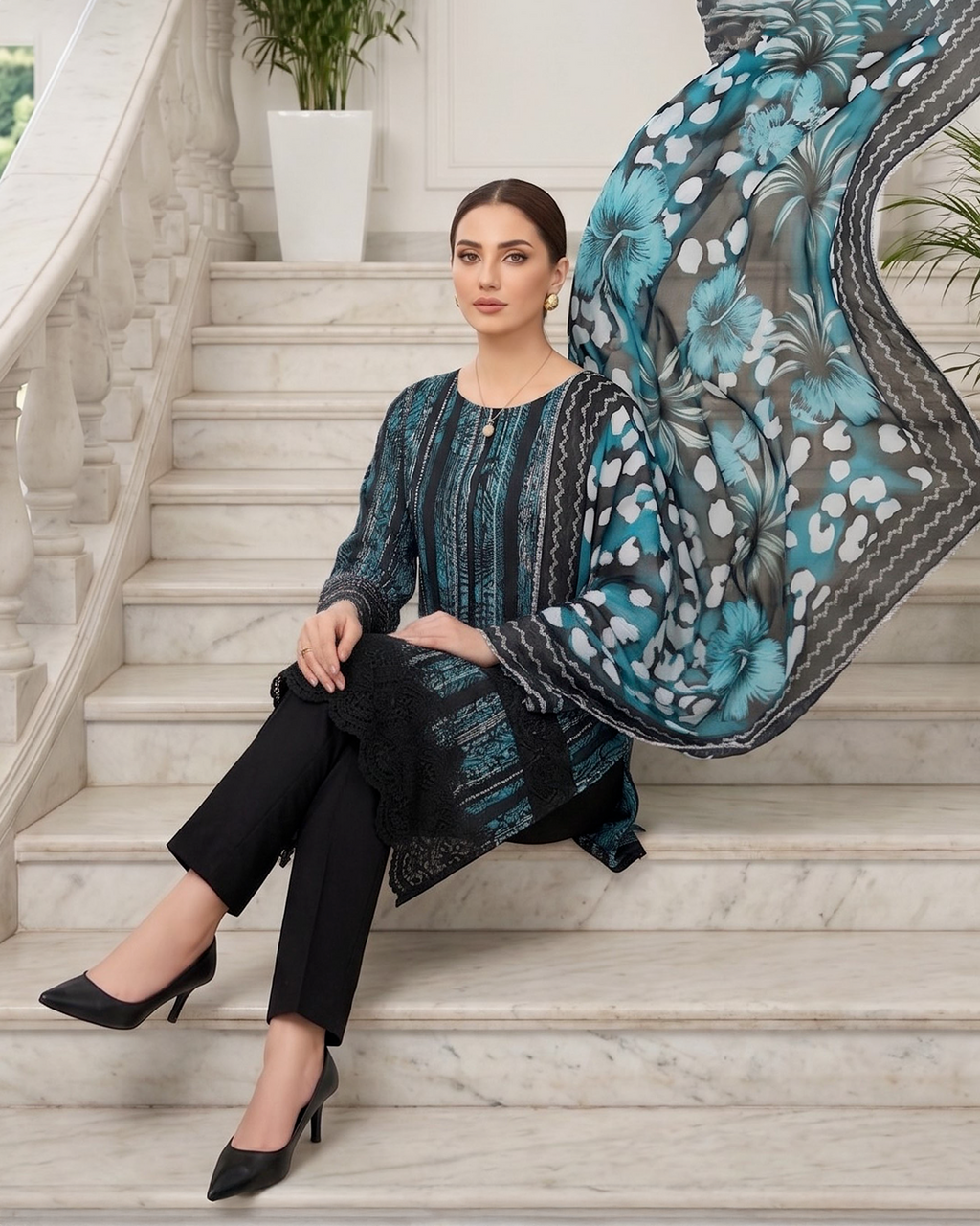 Heavy Embroidered Net Unstitched 3 Piece Dress with Organza Border Dupatta – Luxury Wear